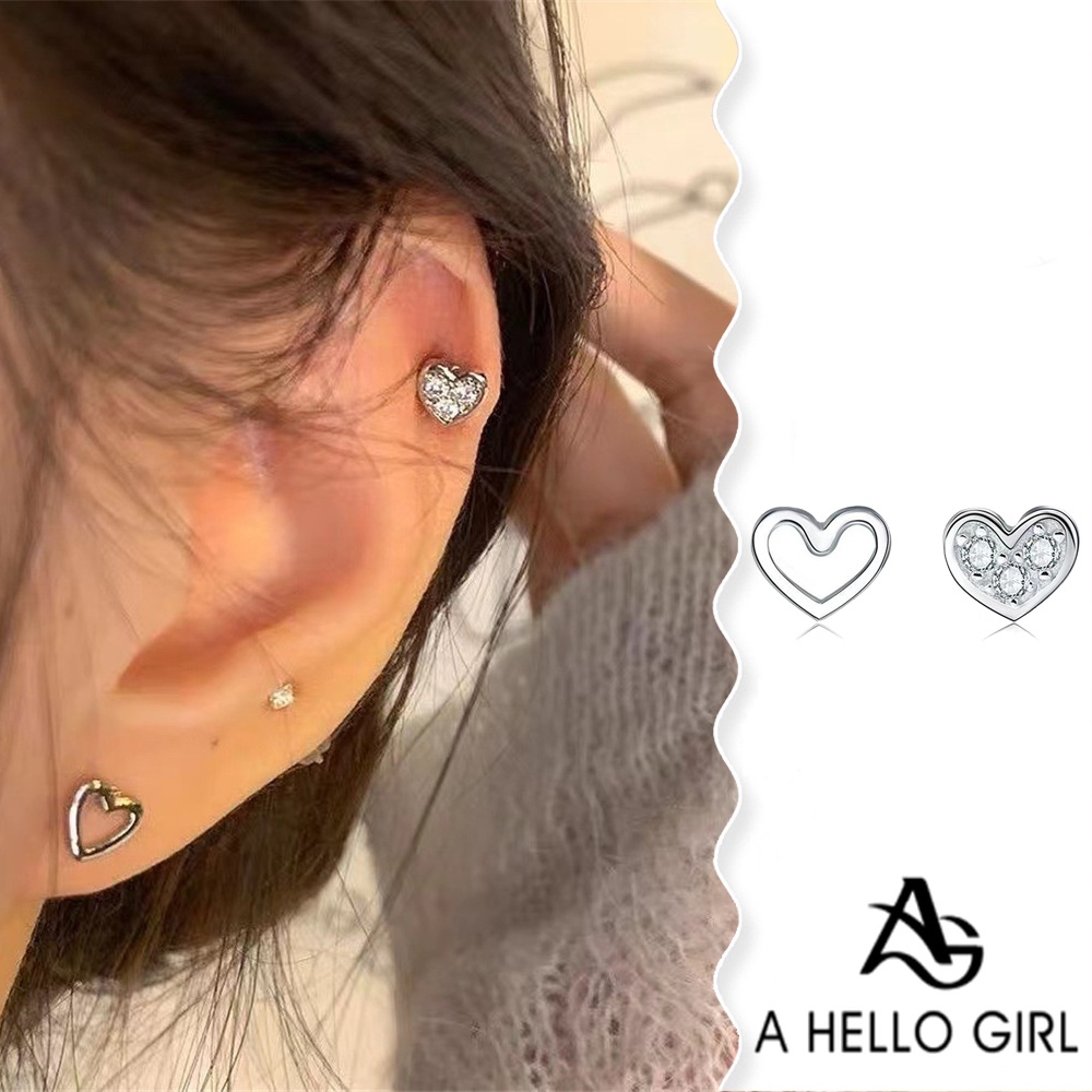 A HELLO GIRL ต่างหูเข็มเงิน S925 จี้รูปหัวใจ ไม่สมมาตร ขนาดเล็ก สําหรับผู้หญิง