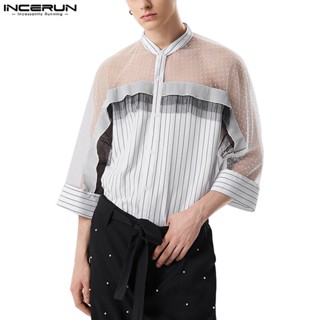 Incerun เสื้อเชิ้ตแขนยาว ลายจุด ลูกไม้ สไตล์วินเทจ แฟชั่นสําหรับผู้ชาย