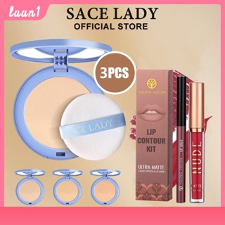 Sace Lady 3 ชิ้นชุดแป้งฝุ่น เนื้อเนียน ติดทนนาน กันน้ํา แป้งแต่งหน้า สีนู้ด ธรรมชาติ + ลิปสติกกันน้ำ + ลิปไลเนอร์กำมะหยี่ COD