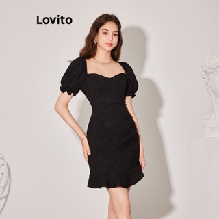 Lovito เดรสระบาย จับจีบ สีพื้น หรูหรา สำหรับผู้หญิง L59ED129 (Black)