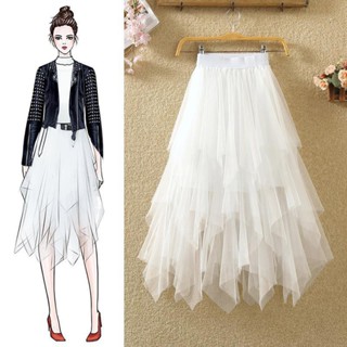 Womens Spring and Summer Korean Style of the high waist VERSATILE Thin and irregular Mesh skirt A กระโปรงผ้าตาข่ายเอวสูงสไตล์เกาหลีสำหรับฤดูใบไม้ผลิและฤดูร้อนกระโปรงผ้าโปร่งใส่แล้วดูผอมไม่สม่ำเสมอกระโปรงตูตูทรงเอกระโปรงยาวปานกลาง05.31