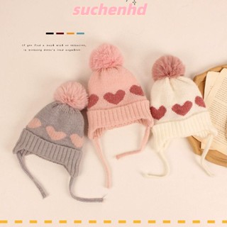 Suchenhd หมวกบีนนี่ ผ้าถัก ลายการ์ตูนหัวใจ ป้องกันหู กันลม ให้ความอบอุ่น แฟชั่นฤดูใบไม้ร่วง ฤดูหนาว สําหรับเด็กวัยหัดเดิน