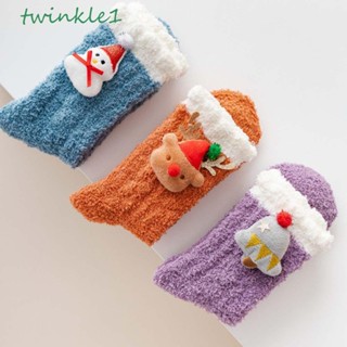 Twinkle1 ถุงเท้าข้อสั้น ผ้าฟลีซ ลายการ์ตูนคริสต์มาส ซานต้าครอส กวาง สโนว์แมน สําหรับเด็กผู้หญิง