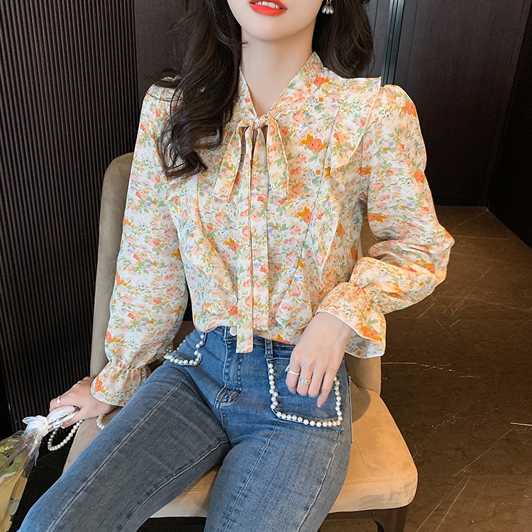 เสื้อเชิ้ตแขนยาว ผ้าชีฟอง ลายดอกไม้ แต่งริบบิ้น แต่งโบว์ โอเวอร์ไซซ์ เข้ารูป อเนกประสงค์