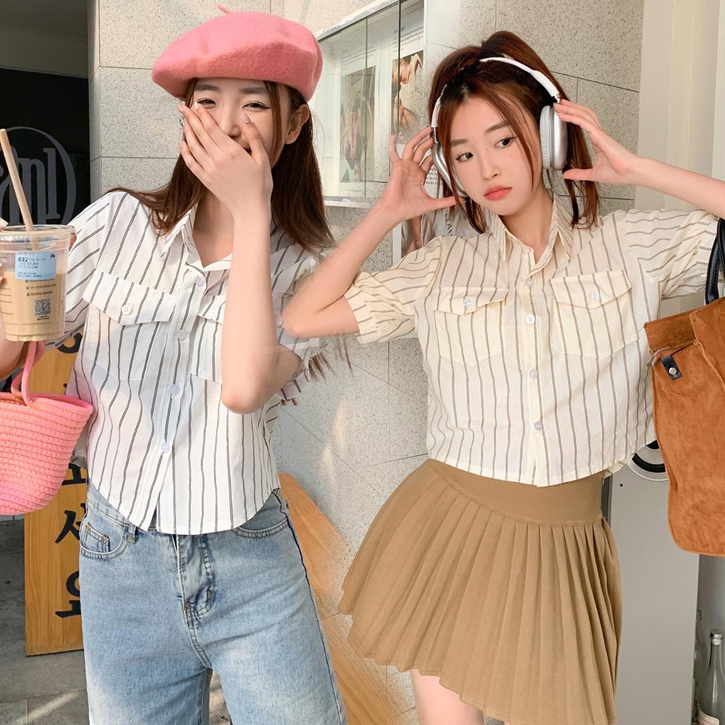 KOKO W264❤️ใหม่ เสื้อเชิ้ตครอป เสื้อเชิ้ตแขนสั้นลายทางวินเทจสำหรับผู้หญิง สไตล์เกาหลี ใส่แล้วดูดี