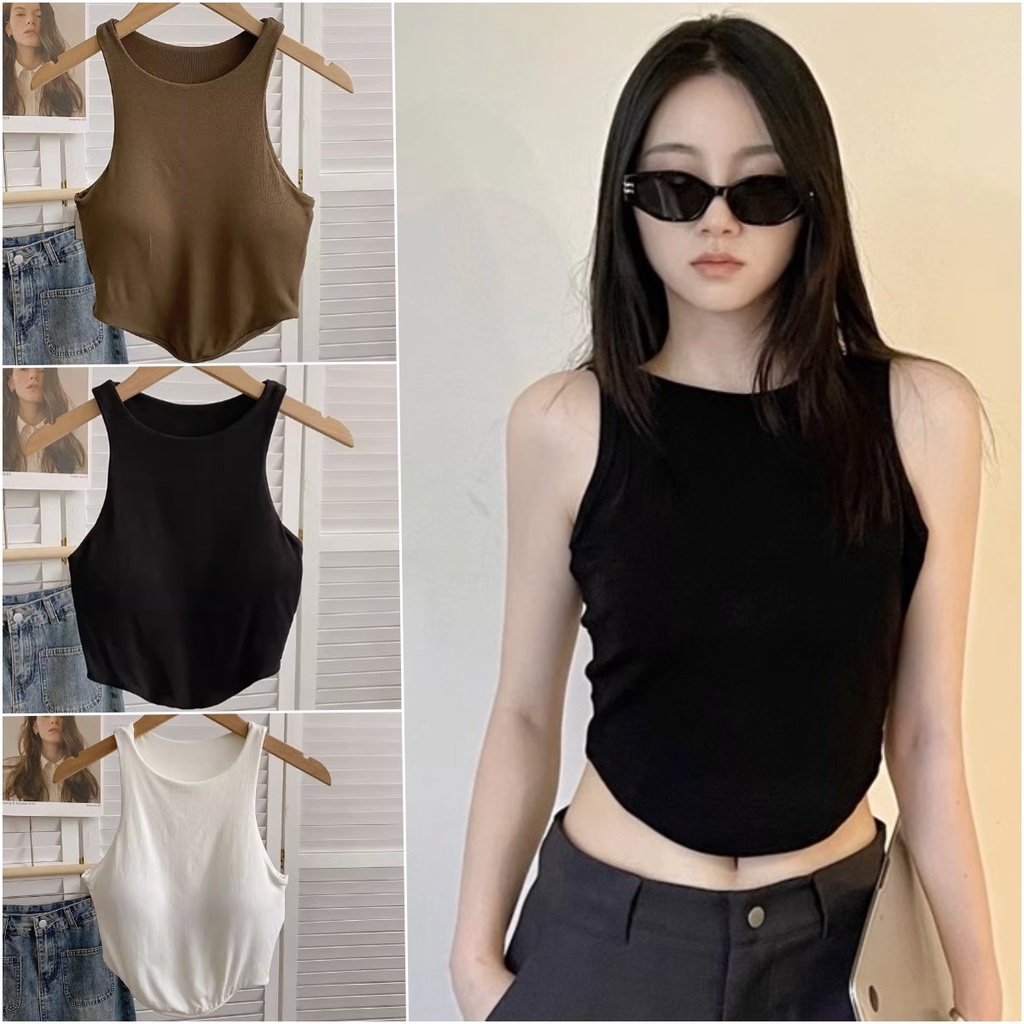 พร้อมส่ง เสื้อกล้ามงานเอวลอย งานรัดรูป สีคลุมโทน แฟชั่นสไตล์สาวเกาหลี