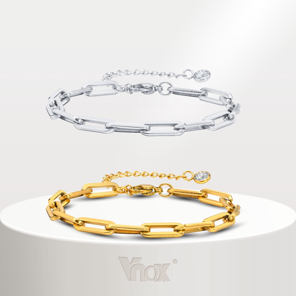 Vnox สร้อยข้อมือโซ่ สเตนเลส 18K ประดับเพทาย 5 มม. สําหรับผู้หญิง