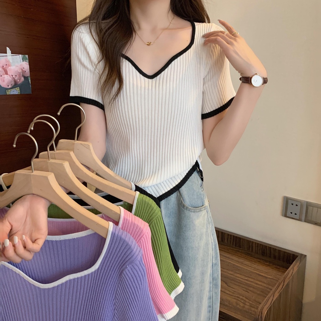 mimi&didi เสื้อไหมพรมแขนสั้น แต่งดีเทลคอไม่ซ้ำใครสีโทนหวาน สไตล์เกาหลี#F087