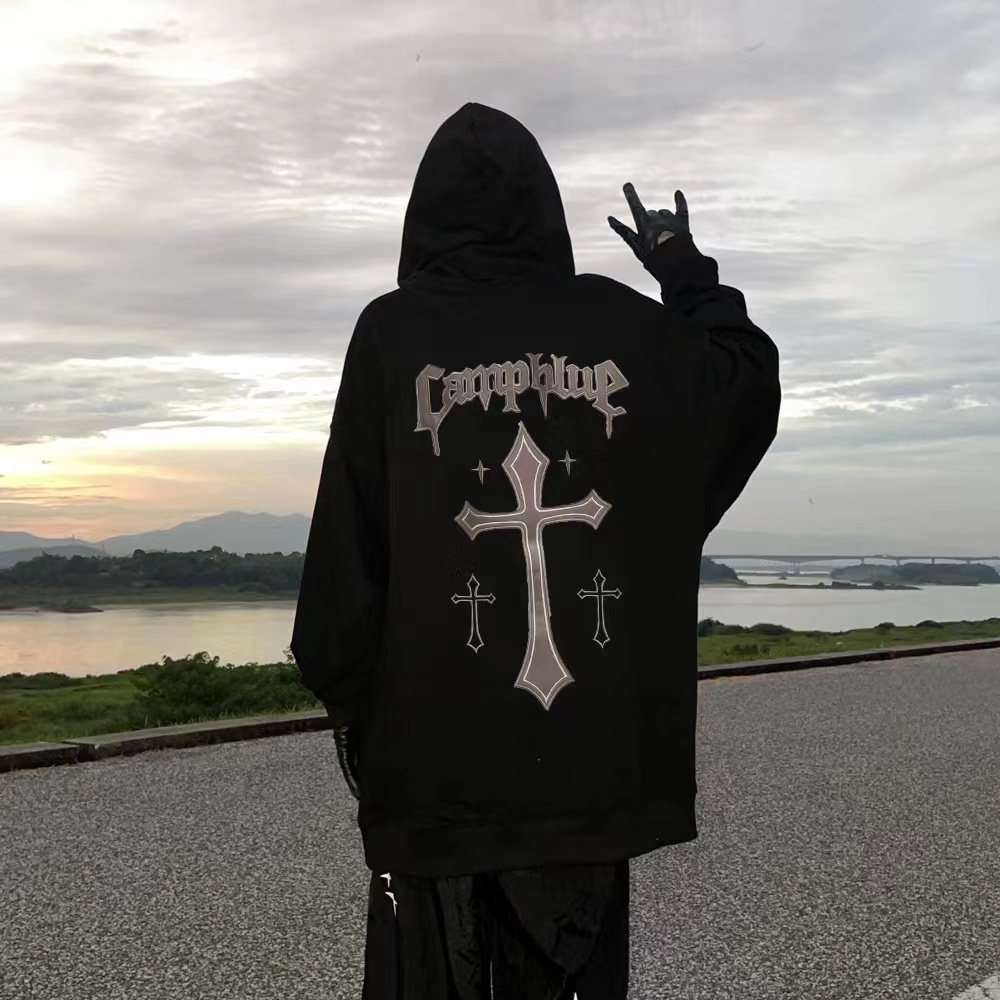 เสื้อกันหนาวแขนยาว มีฮู้ด พิมพ์ลายไม้กางเขน แฟชั่นฤดูใบไม้ร่วง สไตล์อเมริกัน สําหรับผู้หญิง
