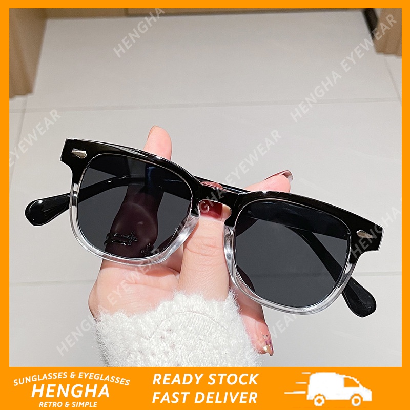 (HENGHA) ไล่ระดับสีดํา กรอบสี่เหลี่ยม ม่านบังแดด แว่นกันแดด แฟชั่นเกาหลี สไตล์ย้อนยุค ป้องกันแสงสีฟ้า แว่นตา
