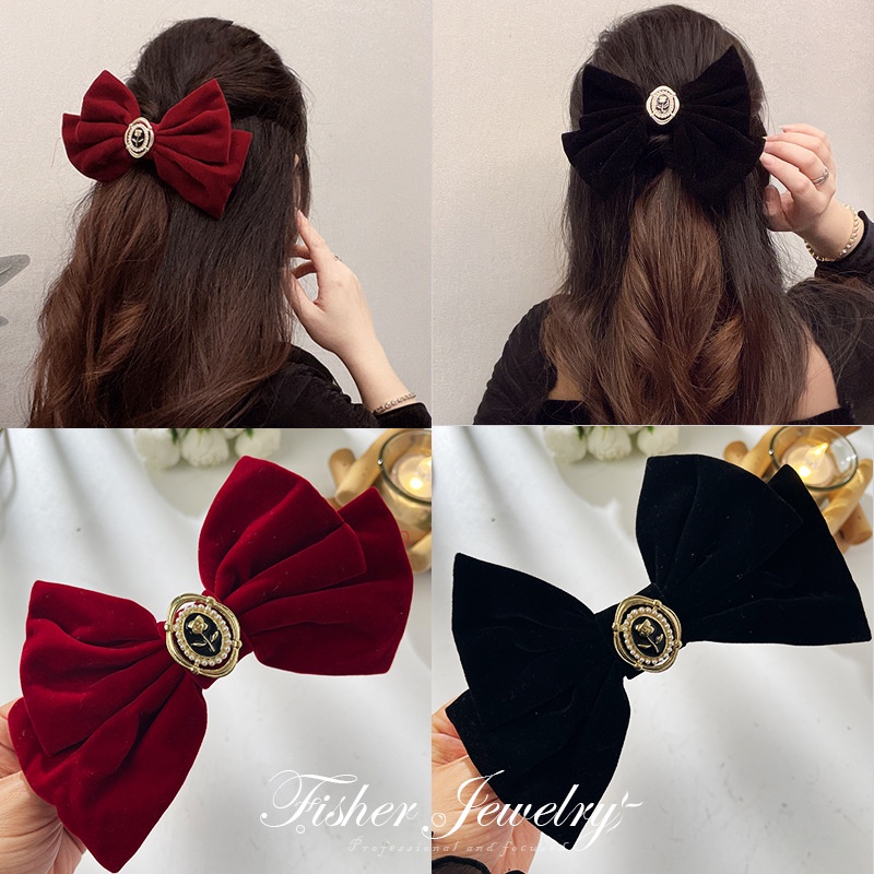 2024 กิ๊บติดผม Rose Bow สีดํา Burgundy Velvet Duckbill คลิป