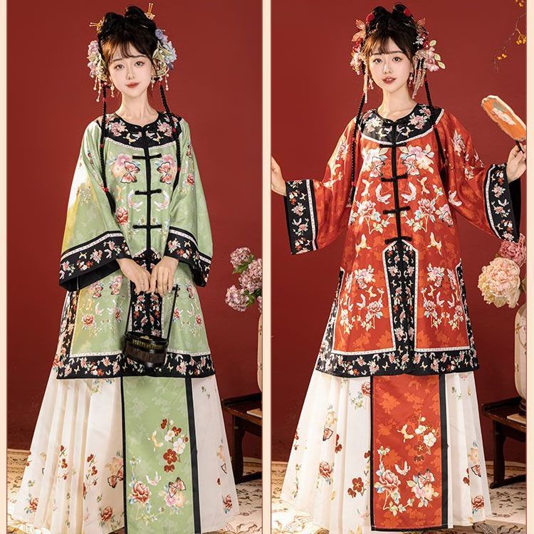 [เครื่องแต่งกายโบราณ] ของแท้ Hanfu [มงคล] เสื้อผ้าตาราง Qing Dynasty Princess Qing Dynasty Princess Qing Han คอกลม สไตล์เรโทร สําหรับผู้หญิง