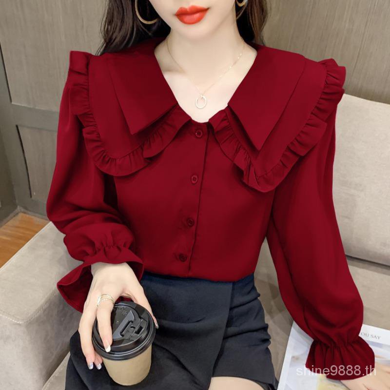 เสื้อเชิ้ตแขนยาว ผ้าชีฟอง คอตุ๊กตา ขนาดเล็ก แฟชั่นสําหรับสตรี