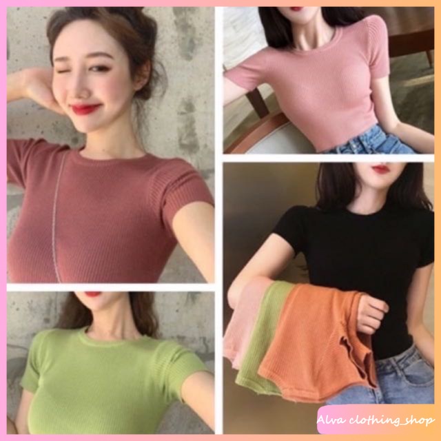 Alva พร้อมส่ง เสื้อไหมพรมคอกลม ผ้าร่อง แขนสั้นสวมใส่สบาย #9903