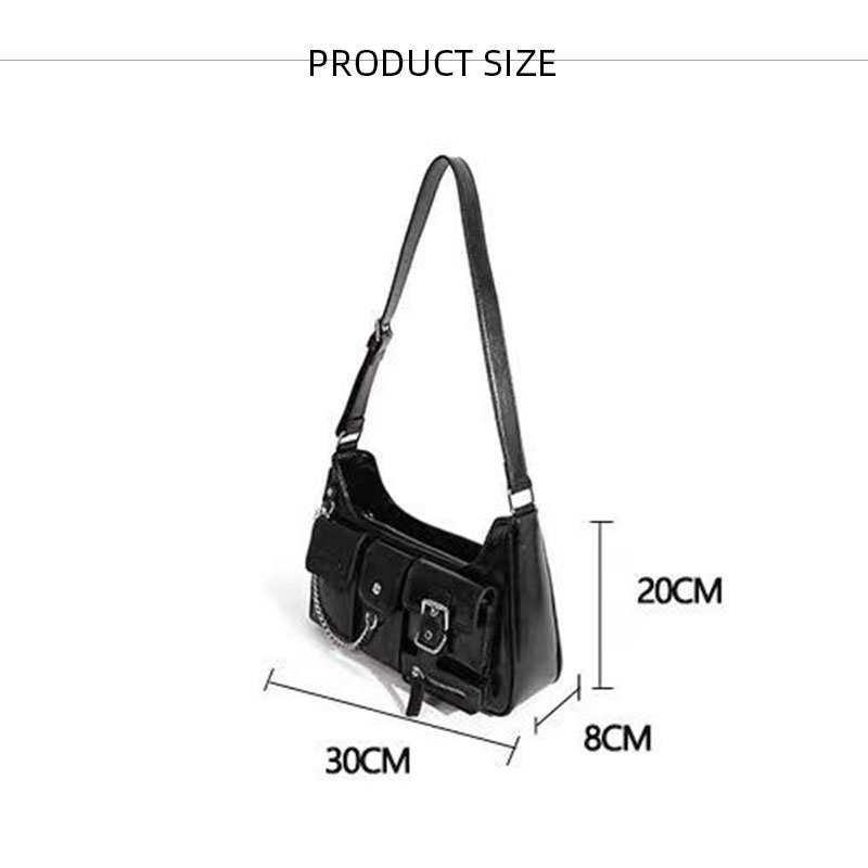 Niche Cool Womens Shoulder Biker Bag Multi Pocket Black Spice Chain Bag