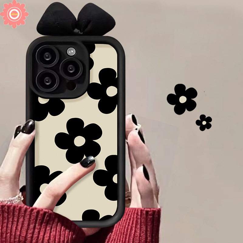 เคสโทรศัพท์มือถือ แบบนิ่ม ลายดอกไม้ ประดับโบว์ 3D สีดํา สําหรับ IPhone 7Plus 11 14 15 13 12 Pro Max XR 15 6 8 6S 7 Plus XS Max X SE 2020