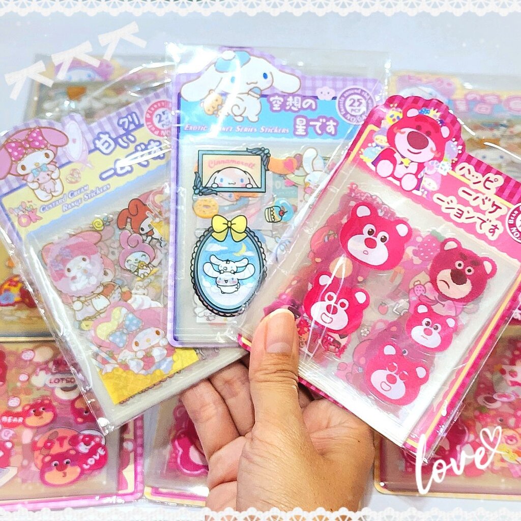 สติ๊กเกอร์ pvc พื้นใส (แพ็ค 25 แผ่น) ไดคัท Sanrio Melody Cinnamoroll Kuromi Lotso คุโรมิ หมีสตรอเบอร