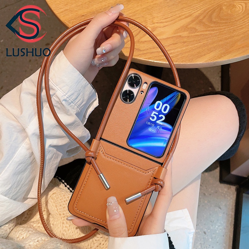 Lushuo เคสโทรศัพท์มือถือหนัง ฝาพับ พร้อมช่องใส่บัตร และสายคล้อง สีน้ําตาล สําหรับ OPPO Find n3 N2 findn2 3 Find N2 n3