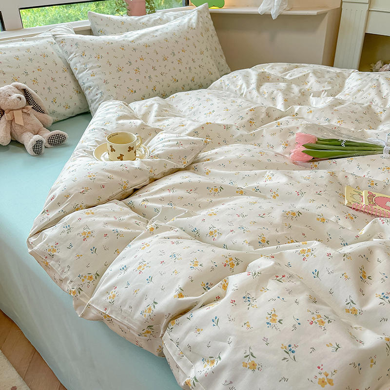 ชุดเครื่องนอน ผ้านวม ผ้าฝ้าย 100% ลายดอกไม้ สีเหลือง ไซซ์คิงไซซ์