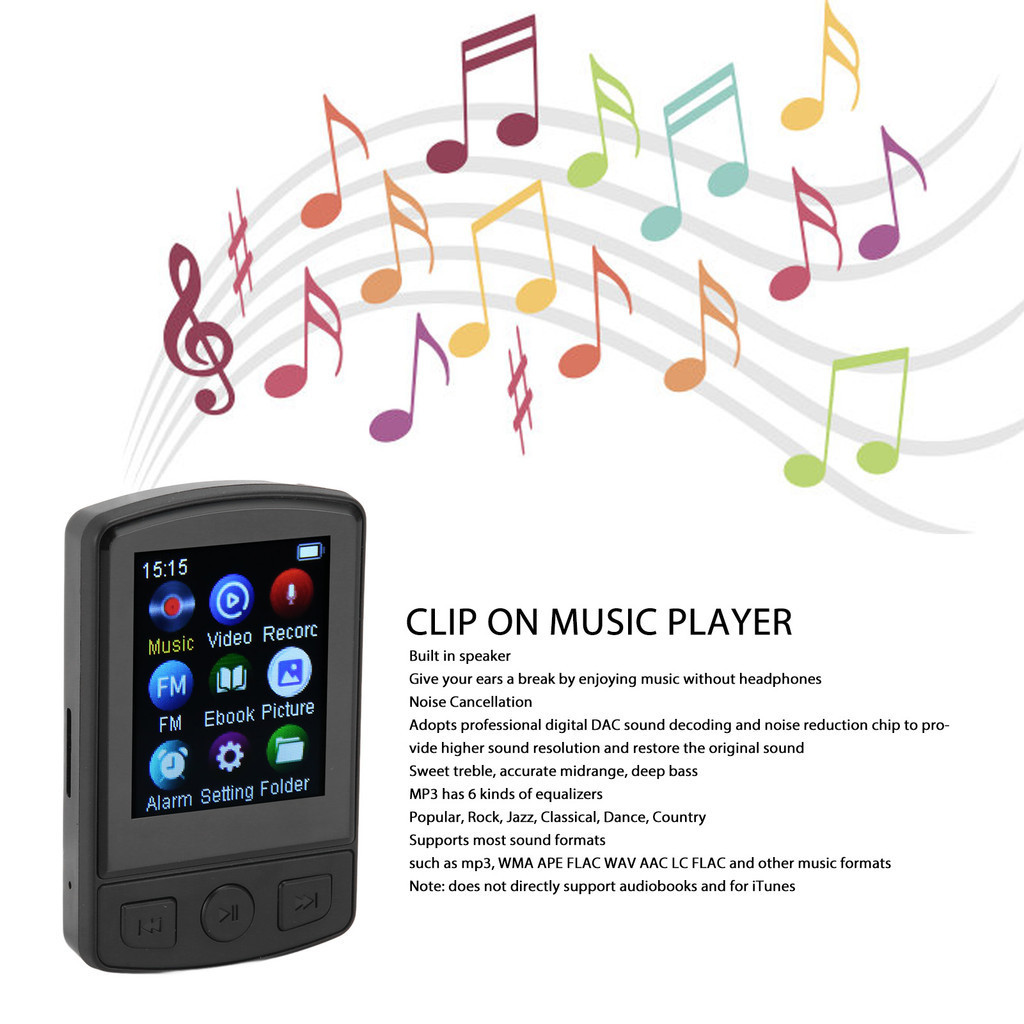 Playerk Clip MP3 Player MP4 Bluetooth 5.2 1.77 Inch Color Screen Portable Wearable Music with FM Recording Electric Book