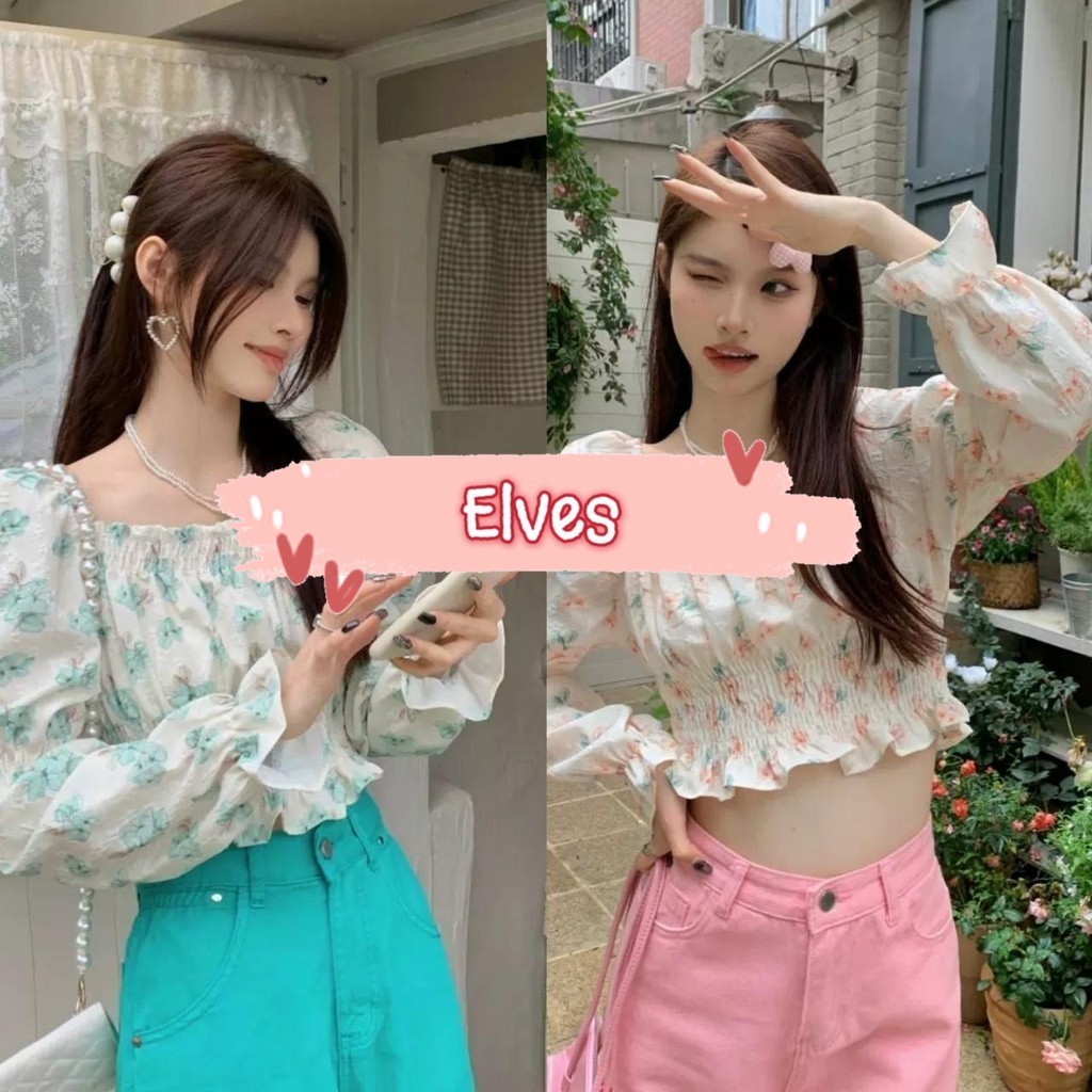 Elves✨พร้อมส่ง✨ เสื้อแขนยาวผ้าชีฟอง เปิดไบ่ สไตล์เกาหลี ดีเทลลายดอกไม้ ~ 72031~  -C