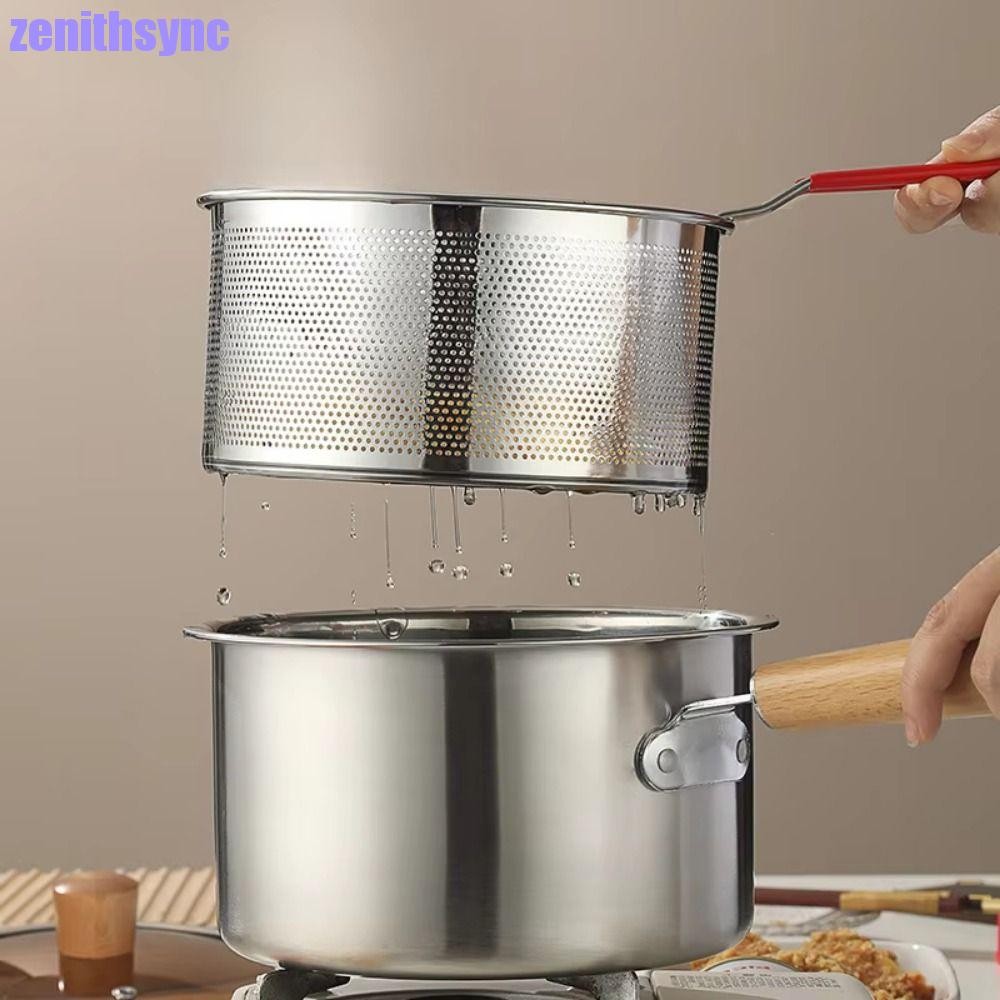 Zenithsync หม้อหม้อทอดลึกพร้อมตะแกรงกรอง,ตะกร้ากรองด้ามไม้สแตนเลส,อาหาร Non Stick Anti-scald Visible ฝาปิดหม้อทําอาหารพร้อมตาข่ายกรองนม