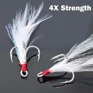 Outkit 10 ชิ้น Lure Treble Hooks 4X Strength พร้อม Feather Tackle ตกปลา Hook Stronger เหล็กคาร์บอน Barbed Fishhooks Pesca