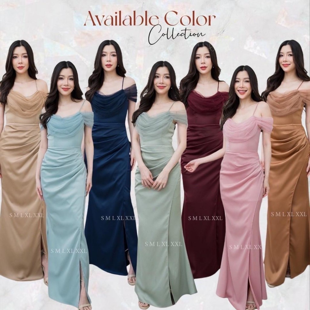 ชุดไปงานแต่ง เรียบหรู ดูแพง ชุดราตรี NP049 เกรดพรีเมี่ยม ผ้าเครปซาติน สายเดี่ยว มุ้งคอถ่วง  Woman Dress เสื้อผ้า ผู้หญิง