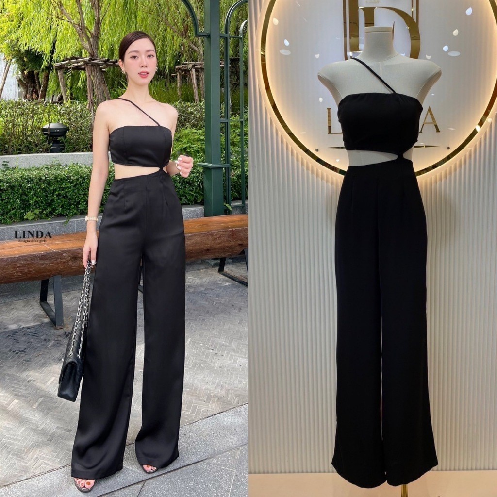 Mom.ss (พร้อมส่ง) Linda42 จั้มขายาว ผ้าซาติน จั้มสูทสีดำ  สวยๆ mom.shop