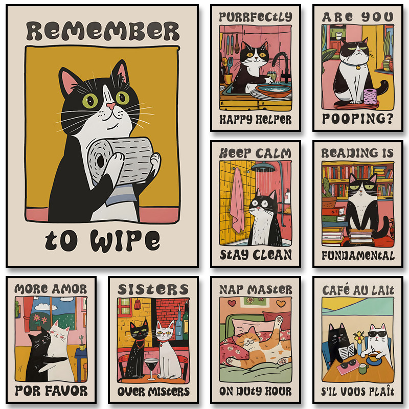 Retro Kitchen ผ้าใบโปสเตอร์ Cat Chef Art พิมพ์จานภาพตกแต่งห้องครัว
