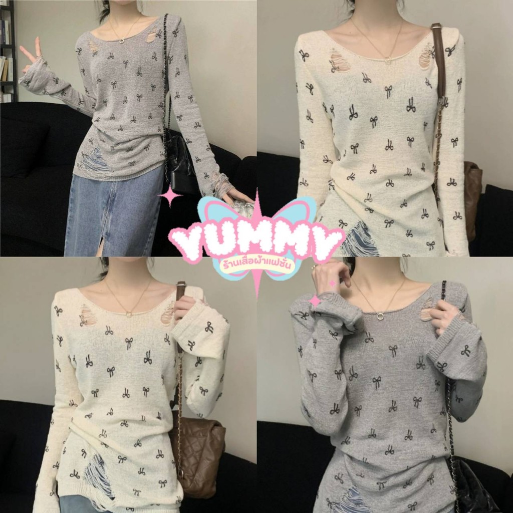 🎀Yummy Shop🎀พร้อมส่ง (Y6526) เสื้อไหมพรมแขนยาว คอกลม ดีเทลซีทรู ลายโบว์ น่ารักมาก