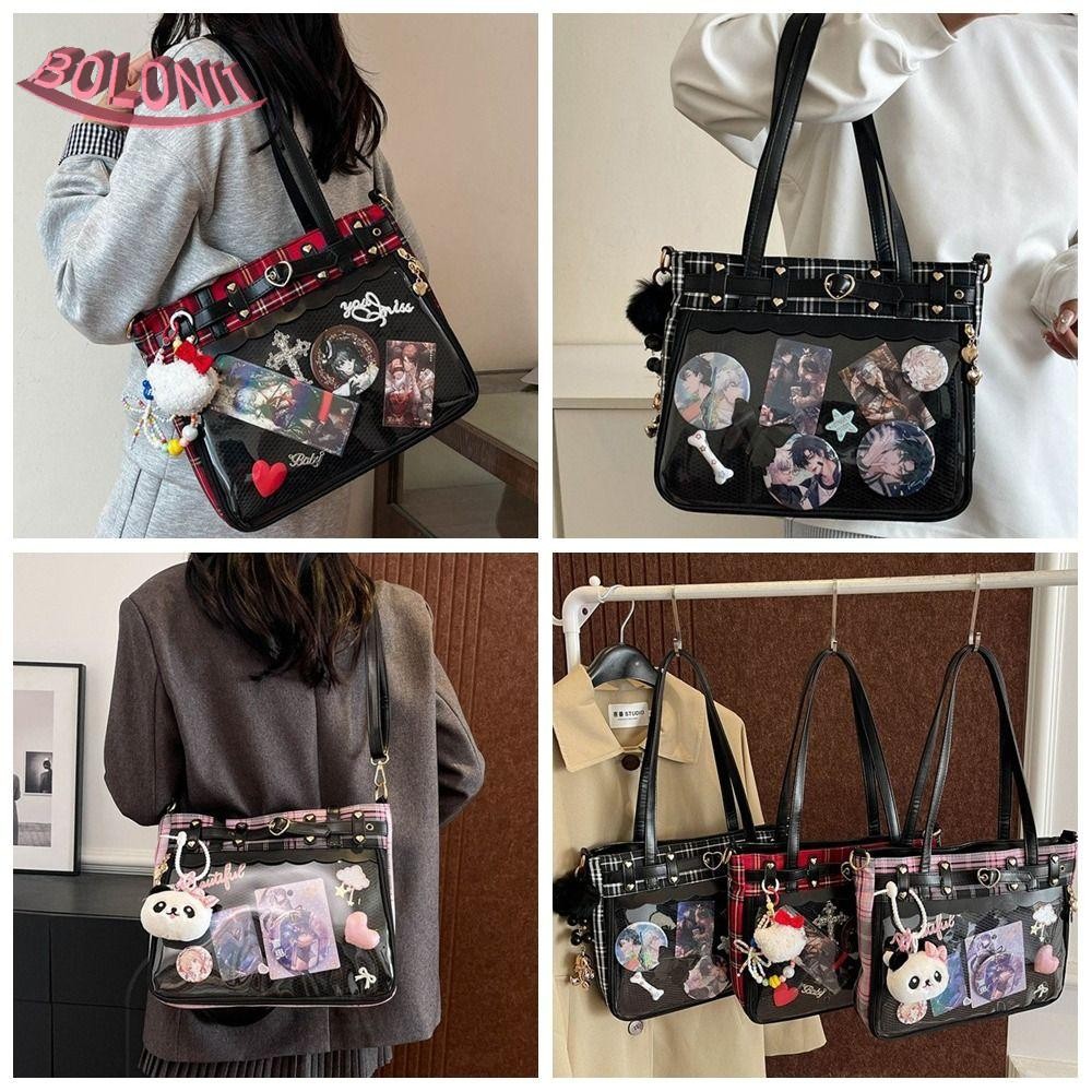 Bo การ์ตูนอะนิเมะ Itabag, Y2K Lattice JK กระเป๋าสะพายข้าง,แบบพกพาขนาดใหญ่ความจุตุ๊กตา Badge Display Kawaii โปร่งใสไหล่กระเป๋ากลางแจ้ง