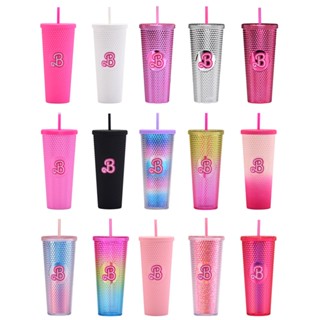 แก้วน้ํา ลายตุ๊กตาบาร์บี้เจ้าหญิง ทุเรียน ประดับเพชร สีชมพู พร้อมหลอดดูด สําหรับงานปาร์ตี้