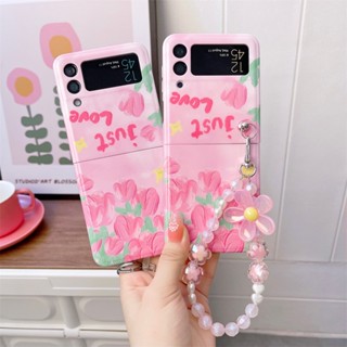 เคสโทรศัพท์มือถือ กันกระแทก ลายภาพวาดสีน้ํามัน รูปดอกทิวลิป สีชมพู พร้อมสายคล้องมือ สําหรับ Samsung Galaxy Z Flip 5 4 3 5G Z Flip5 Z Flip4 Z Flip3