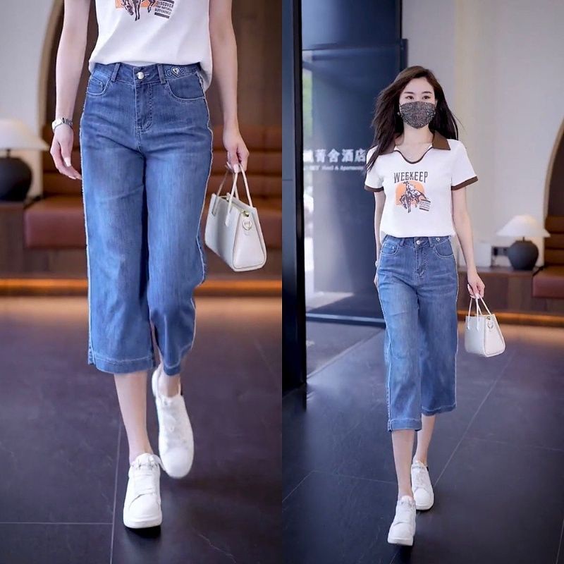 Cropped กางเกงยีนส์ผู้หญิงขนาดเล็ก 2023 ฤดูร้อนบางกางเกงตรงแคบกางเกงขากว้าง Slimmer ดูแฟชั่น All-Mat
