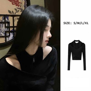 [Y2K Millennium Wear] Ju Jingyi เสื้อกันหนาว คอเต่า ผ้าถัก สองชิ้น มีซิป สีดํา สําหรับผู้หญิง