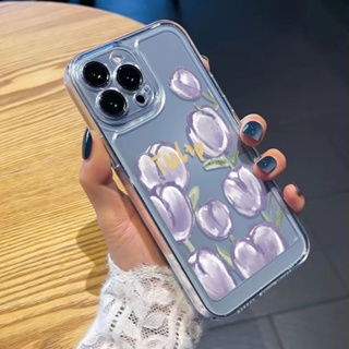 เคสไอโฟน สําหรับ iPhone 11 13 14 12 Pro Max 7 8 SE Plus XR X XS โปร่งใส เคส ดอกไม้ เคสโทรศัพท์ ทิวลิป กลีบดอกไม้ Case