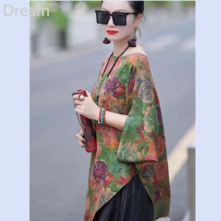 High-end printed Ice Silk top womens cropped sleeve round neck moms irregular shirt