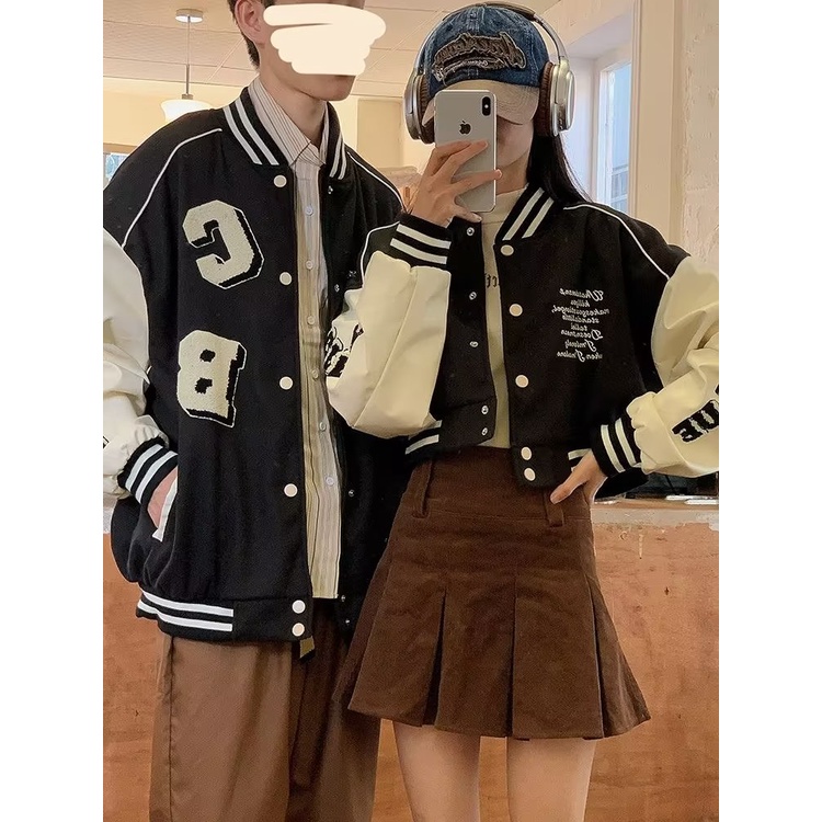 เสื้อแจ็กเก็ตเบสบอลลําลอง พิมพ์ลายตัวอักษร แฟชั่นคู่รัก สไตล์อเมริกัน สําหรับผู้หญิง