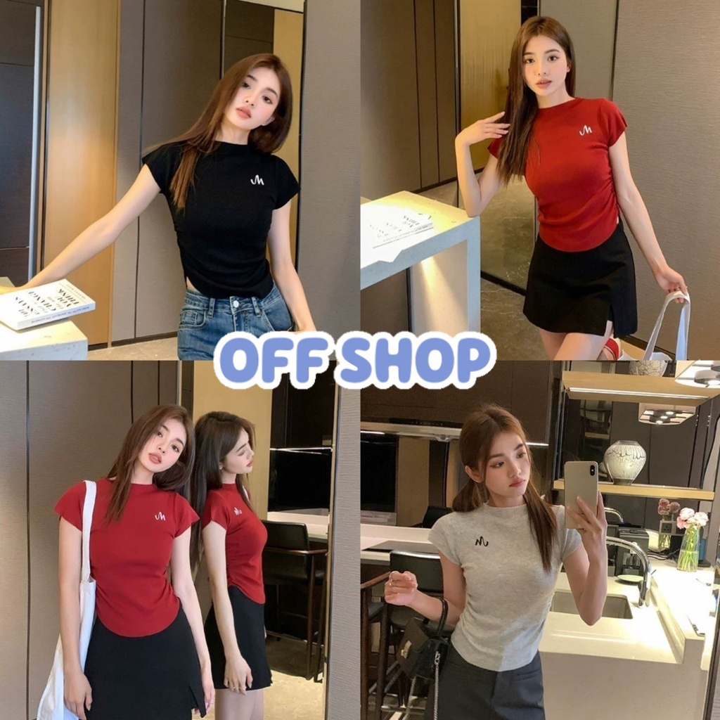 OFF SHOP พร้อมส่ง (OFF-BK233) เสื้อแขนสั้น ผ้าไหมพรม คอกลมปักลายเล็กๆ -C