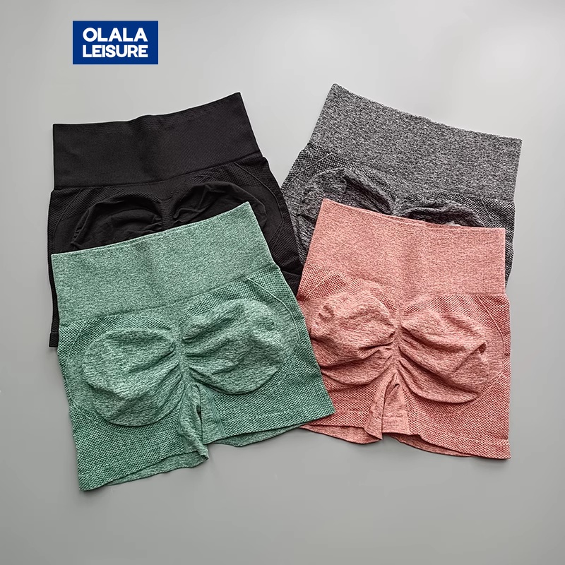 OLALA LEISURE กางเกงเลกกิ้งขาสั้น เอวสูง ผ้าถัก ไร้รอยต่อ สําหรับเล่นโยคะ กีฬา