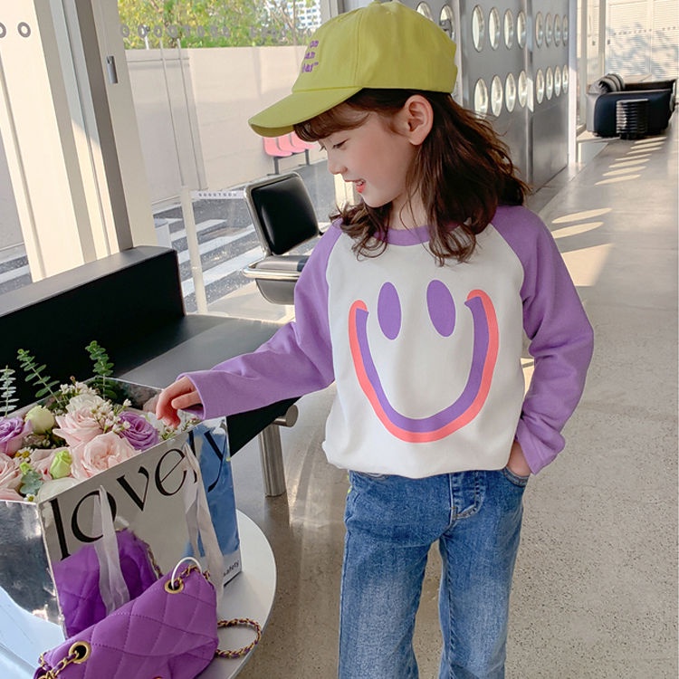 【Girl Tshirt】เสื้อยืดคอกลม แขนยาว ผ้าฝ้าย ทรงหลวม พิมพ์ลาย สไตล์เกาหลี สําหรับเด็กผู้หญิง (1-15 ปี)