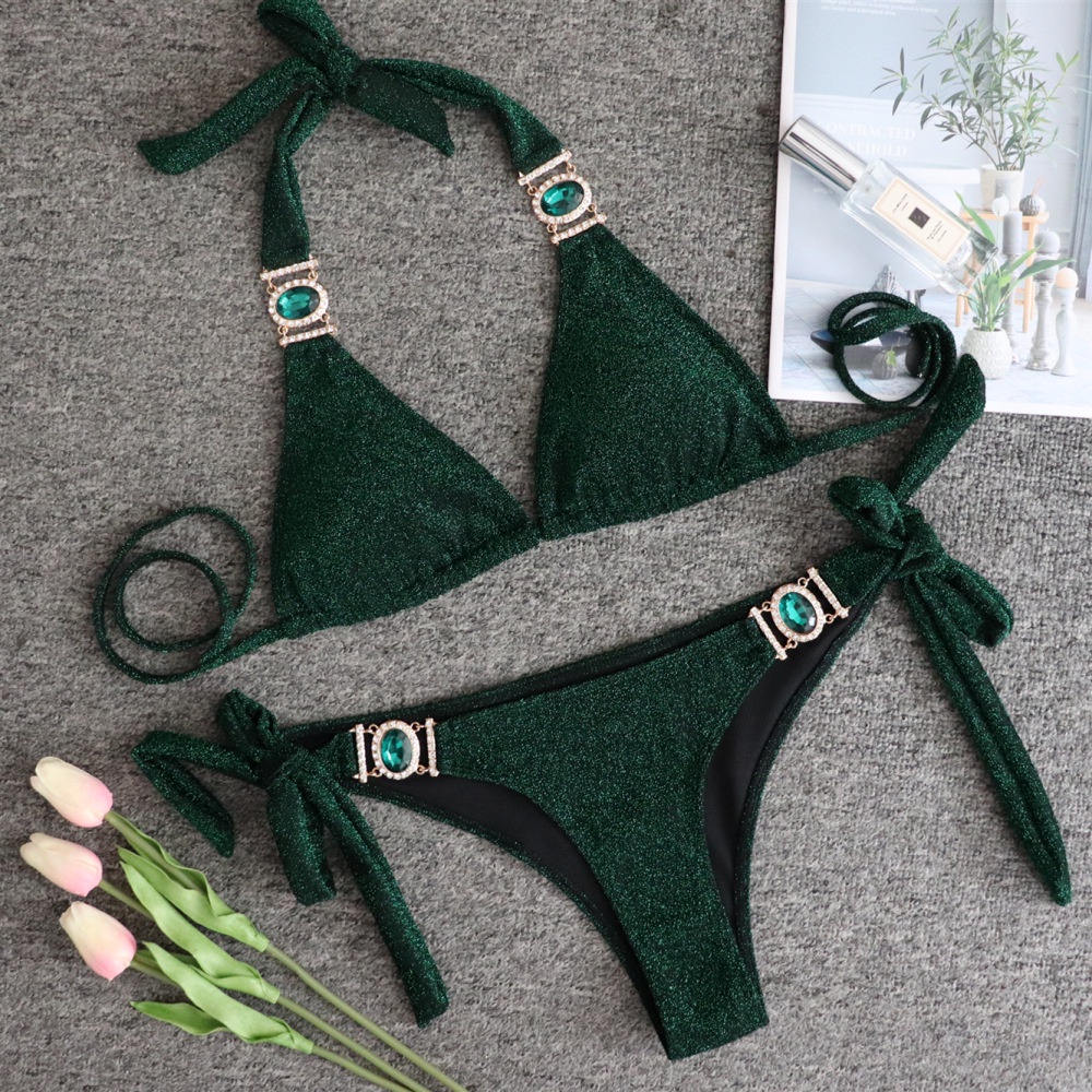 bikiniชุดว่ายน้ําบิกินี่เซ็กซี่ ประดับเพชรคริสตัล สีทอง สําหรับผู้หญิง