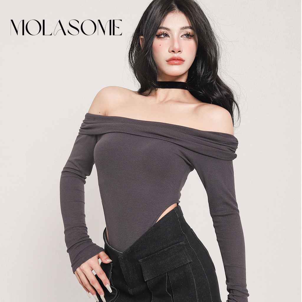Molasome ใหม่ ชุดบอดี้สูท เปิดไหล่ แขนยาว ยืดหยุ่น สีพื้น แฟชั่นสําหรับสตรี 2023