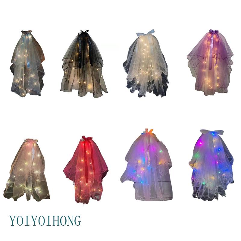 Yoi ผ้าคลุมหน้าเจ้าสาว พร้อมหวีคลิป ประดับริบบิ้นไฟ ขอบสั้น 8 สี สําหรับงานแต่งงาน P