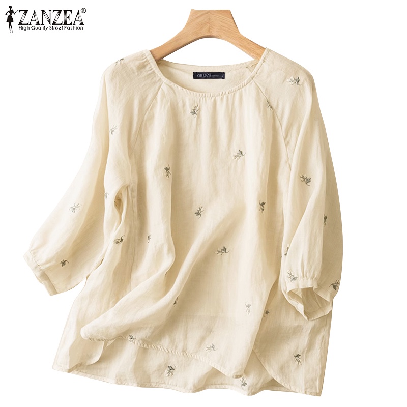 Zanzea เสื้อเบลาส์ลําลอง คอกลม แขนสามส่วน ปักลายดอกไม้ สําหรับผู้หญิง
