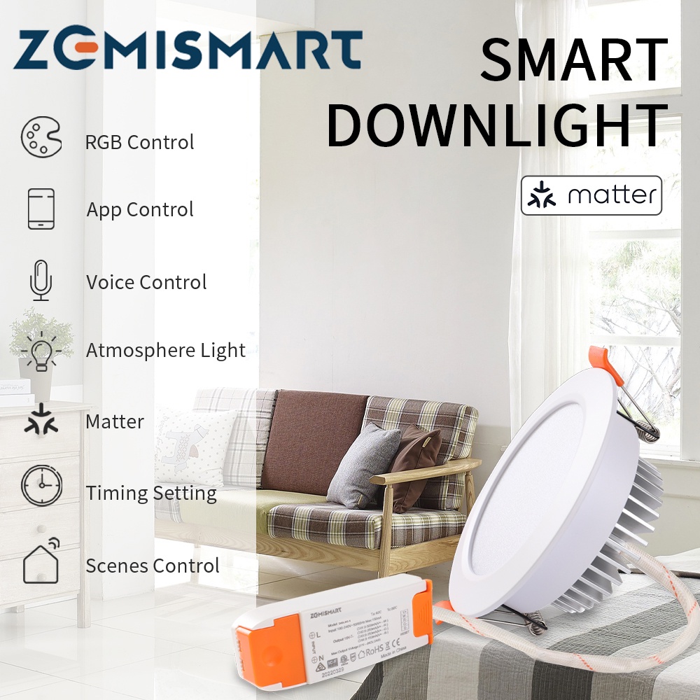 Zemismart Matter มากกว่า WiFi ดาวน์ไลท์ RGBCW สมาร์ท LED โคมไฟเพดานกลม 2.5in 9W/3.5in 12W/4in 15W/6in 15W Homekit Siri Google Home APP จับเวลาควบคุม