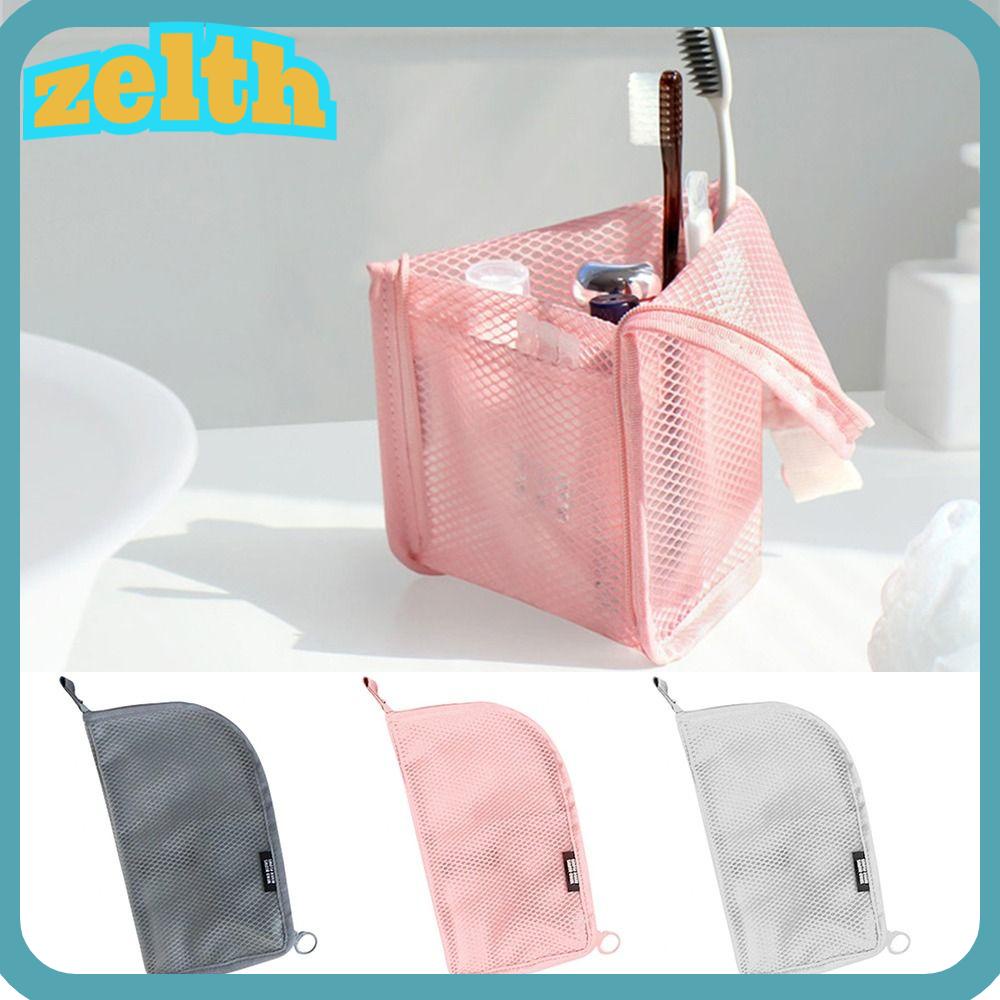 Zelth กระเป๋าเครื่องสําอาง กระเป๋าตาข่าย แบบพกพา มีซิป สําหรับจัดระเบียบแปรงแต่งหน้า ห้องน้ํา