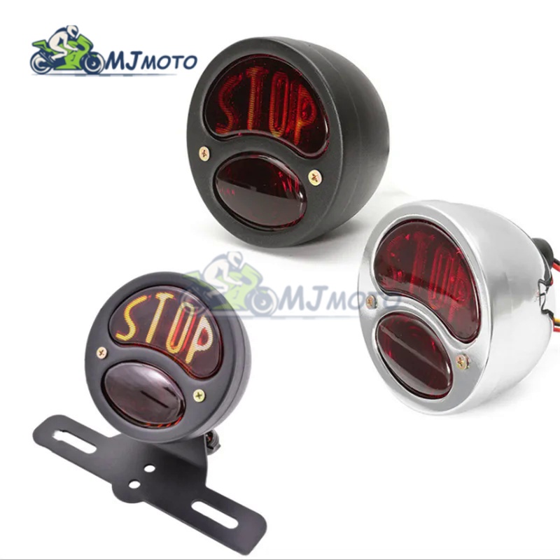 ไฟท้ายมอเตอร์ไซค์ LED ทรงกลม สีแดง สไตล์เรโทร สากล ไฟเบรก ไฟหยุด ไฟป้ายทะเบียน