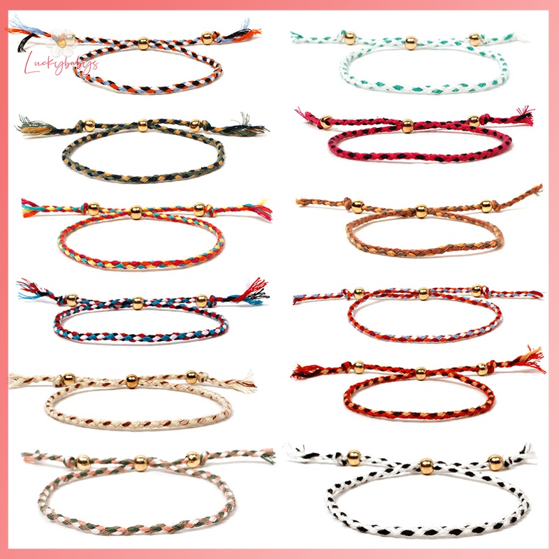 Luckybabys> สร้อยข้อมือ เชือกถัก ลูกปัดสีทอง แฮนด์เมด สไตล์ทิเบต สําหรับผู้หญิง และผู้ชาย